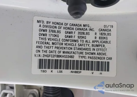 2019 Honda Civic Sport из США, поврежденный, VIN 2HGFC2F88KH533482